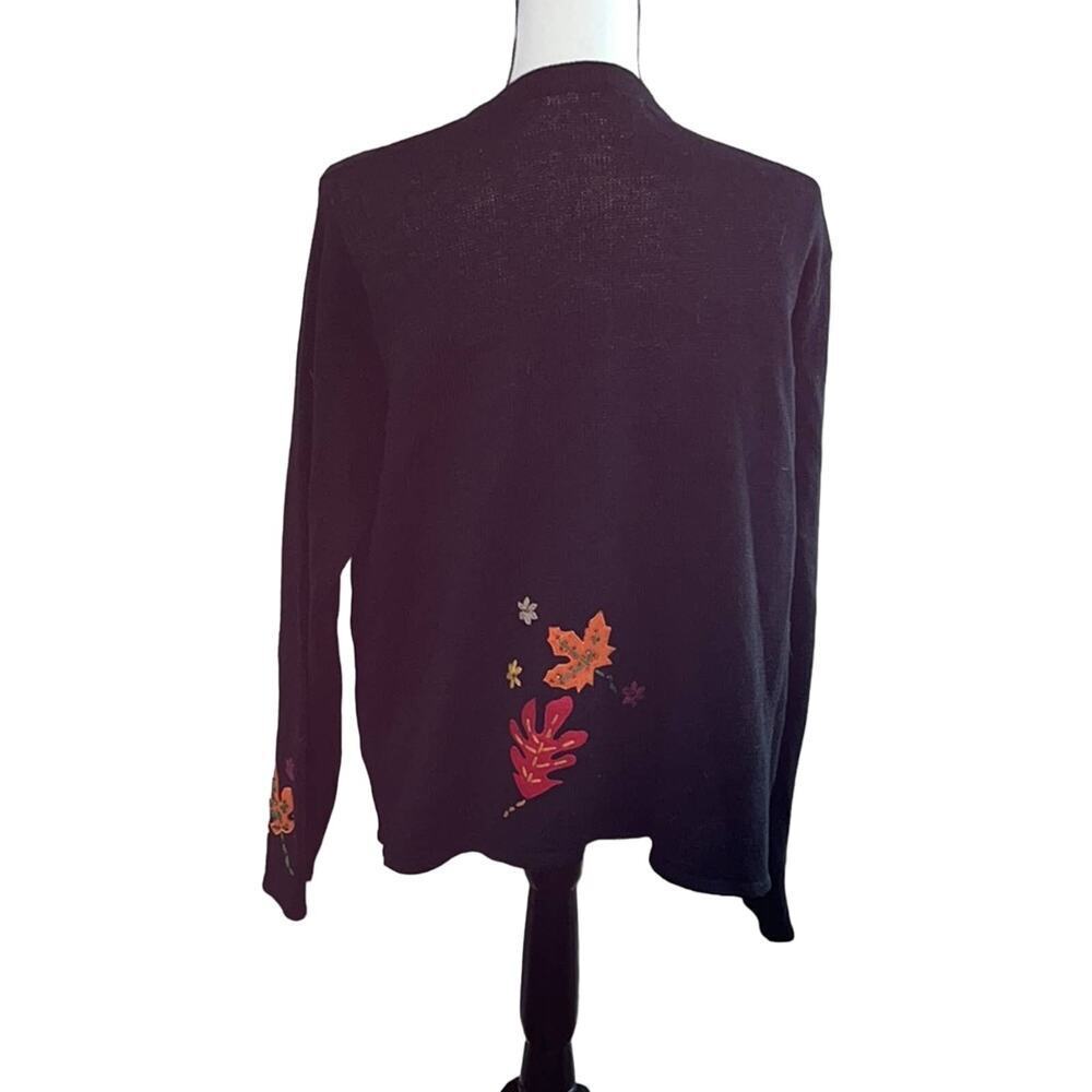 VTG 90s Black Felted Fall Autumn Leaves Nature Button Cardigan Sweater Large - Picture 4 of 7